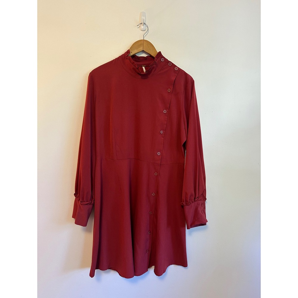 NWT Free People Red Ruffle Neck Asymmetrical Button Dress | Size Small